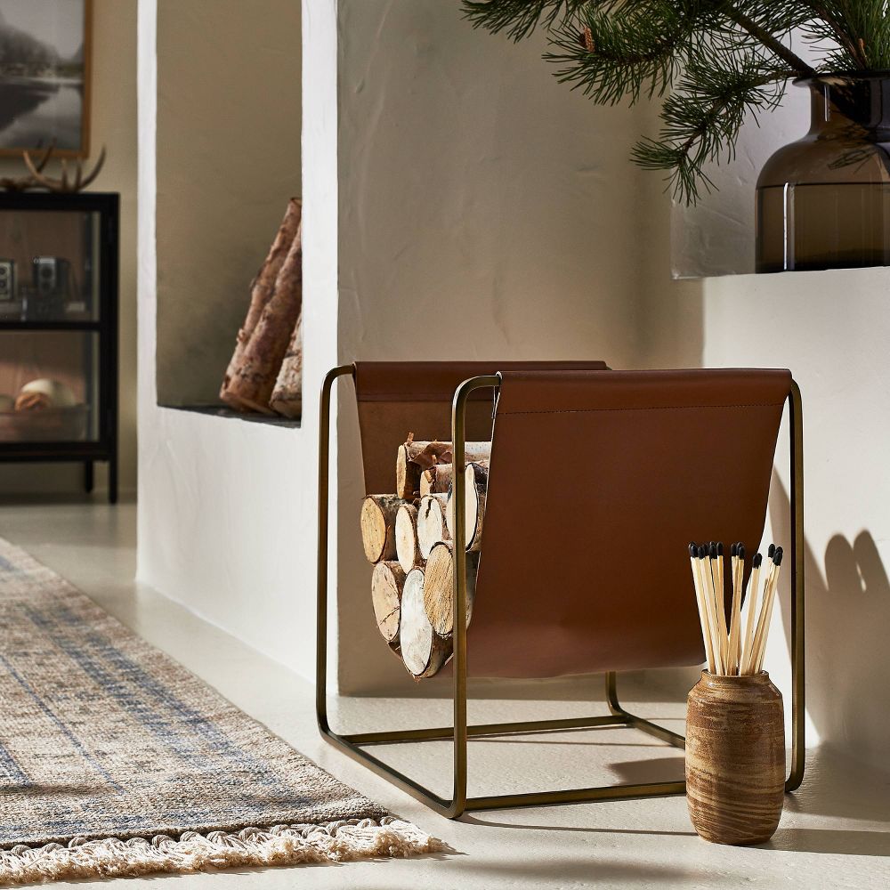 Threshold™ designed with Studio McGee 16" x 14" Metal Log Holder with Leather Sling Brown Brass best fireplace log holders
