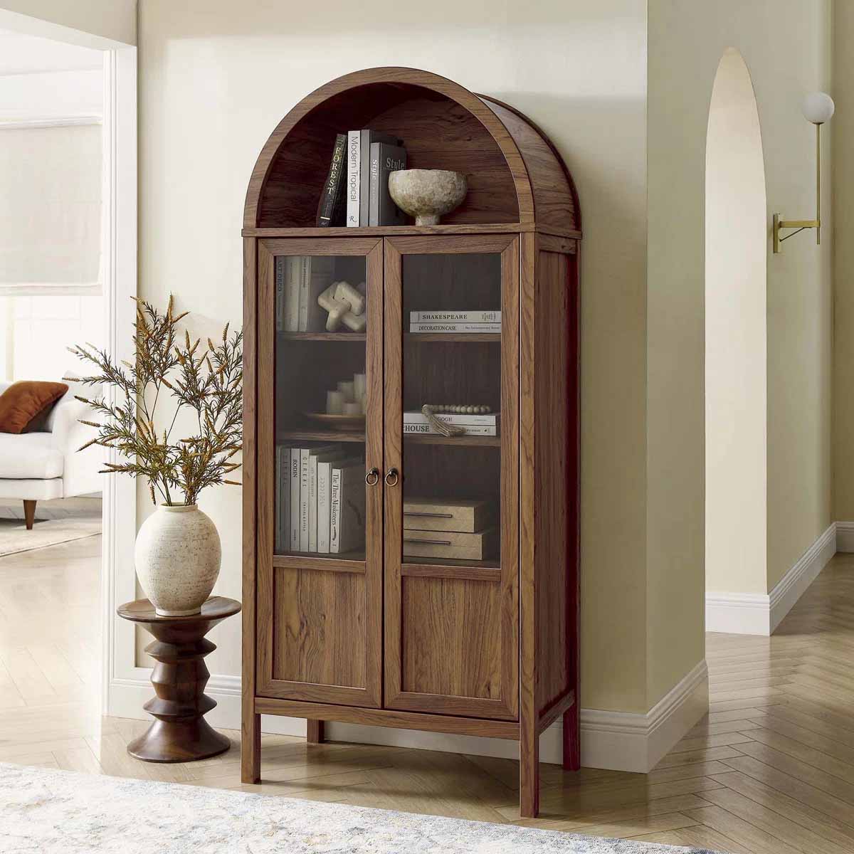 Winston Porter Tessa Arched Display Cabinet Walnut best rustic display cabinets arch