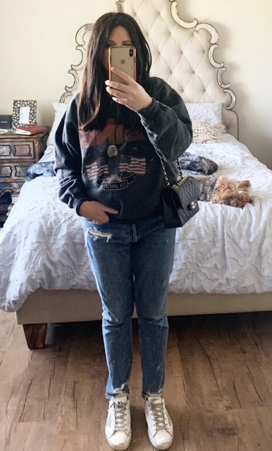 Style expert, journalist and fashion blogger Candie Anderson of candieanderson.com is wearing the casual Anine Bing Vintage Bing sweatshirt. It's a must for fall.