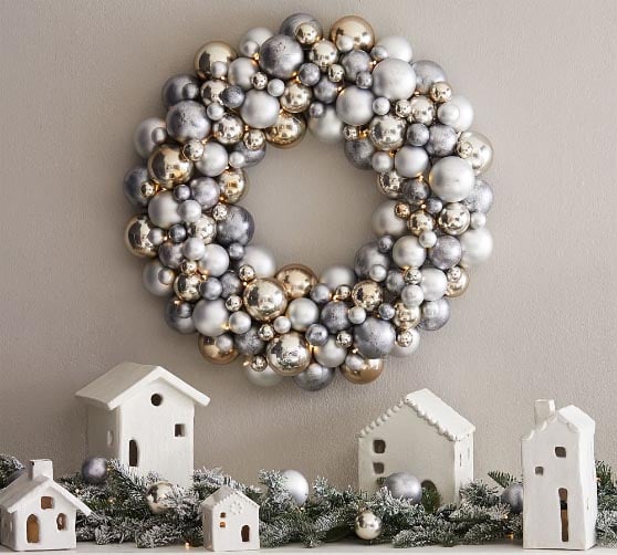 Pottery Barn Frosted Pine and Ornament Wreath Silver best christmas garlands with lights