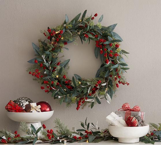 Pottery Barn Lit Eucalyptus and Berry Holiday Garland christmas garlands with lights