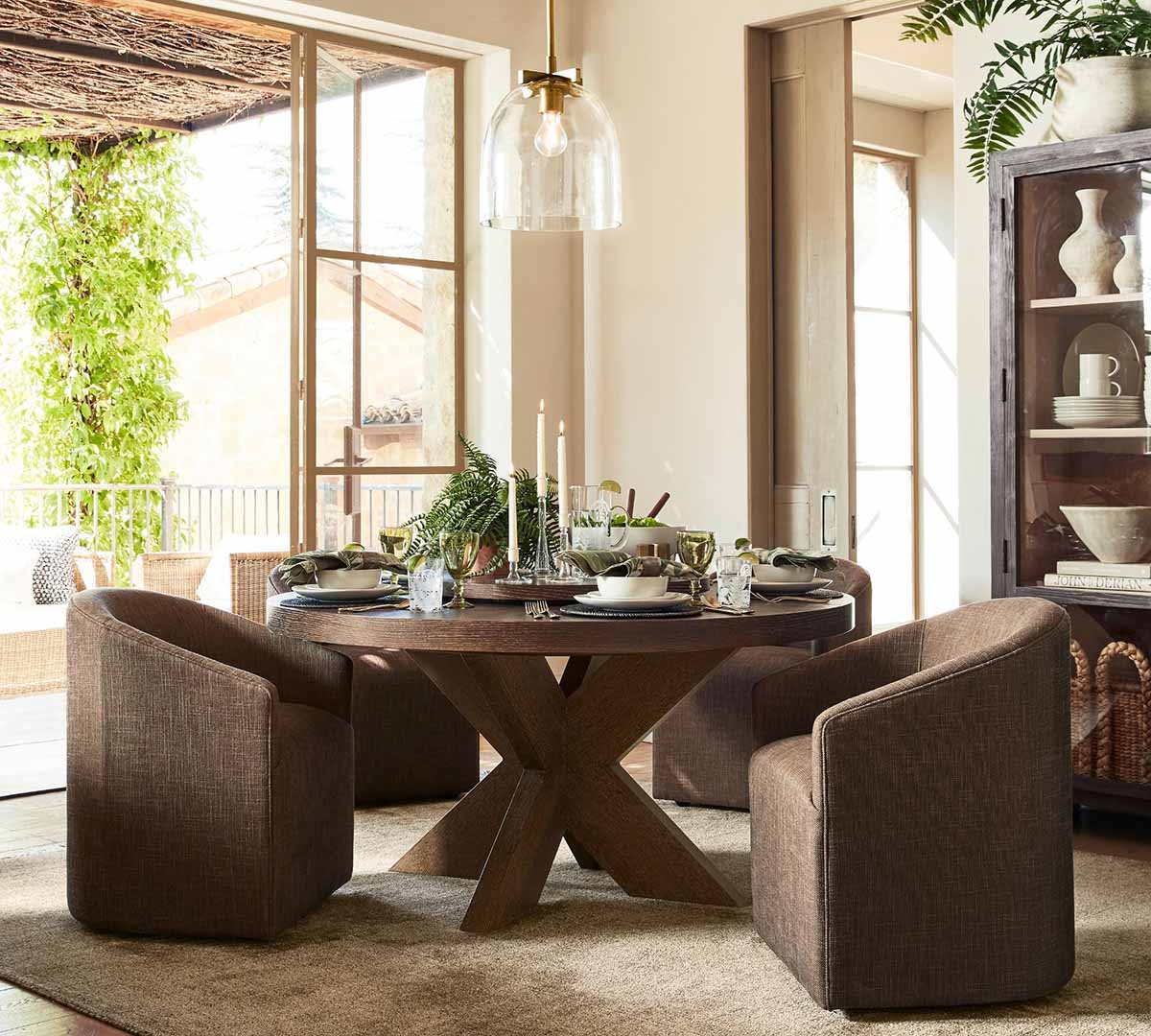 Pottery Barn Modern Farmhouse Round Pedestal Extendable Dining Table (60-78) Tahoe Brown rustic round dining tables best