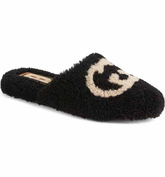 Gucci Eileen Logo Faux Shearling Slippers Black Butterscotch luxury logo slippers