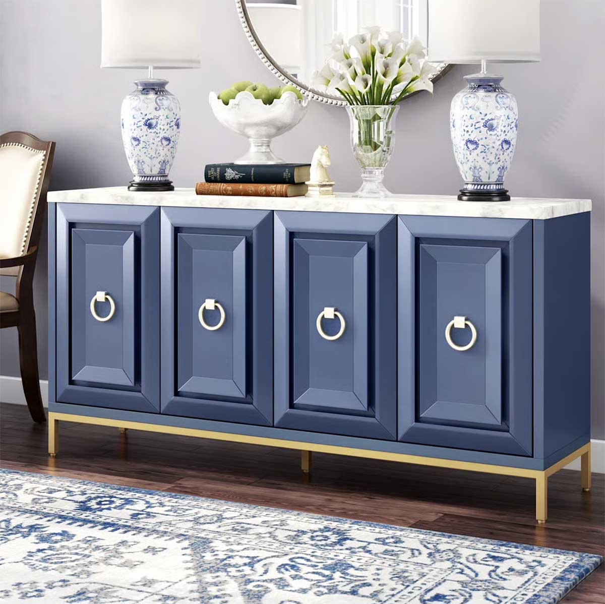 Everly Quinn Fitz 71'' Sideboard Brushed Gold Navy Blue best marble sideboards