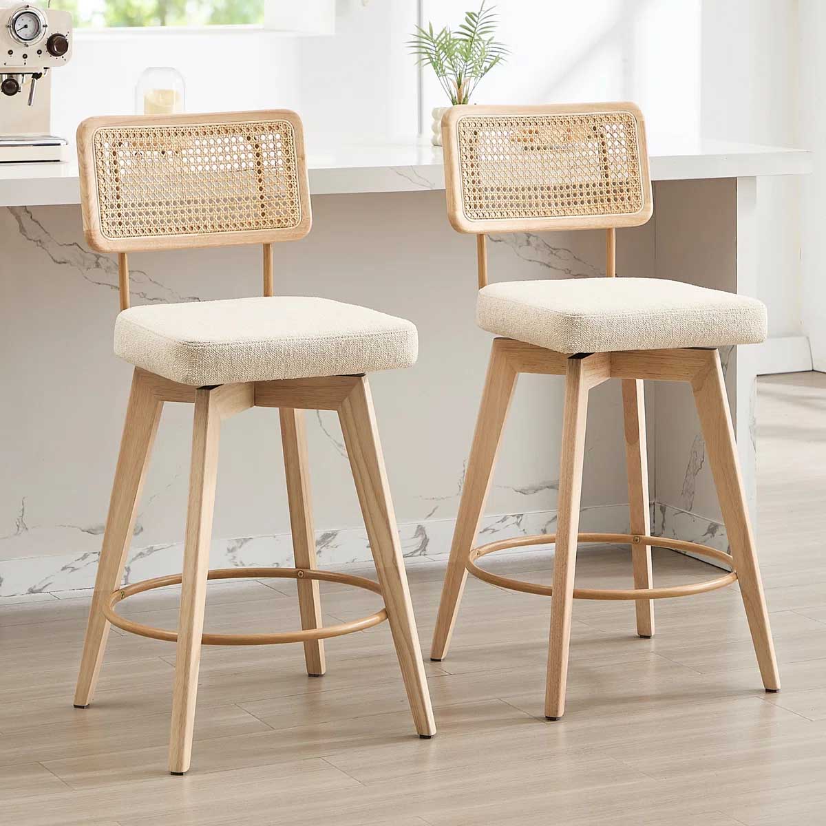 Bay Isle Home Uniondale Swivel Upholstered 26.2'' Counter Stool with Rattan Cane Back and Solid Wood Frame (Set of 2) best cane counter stools