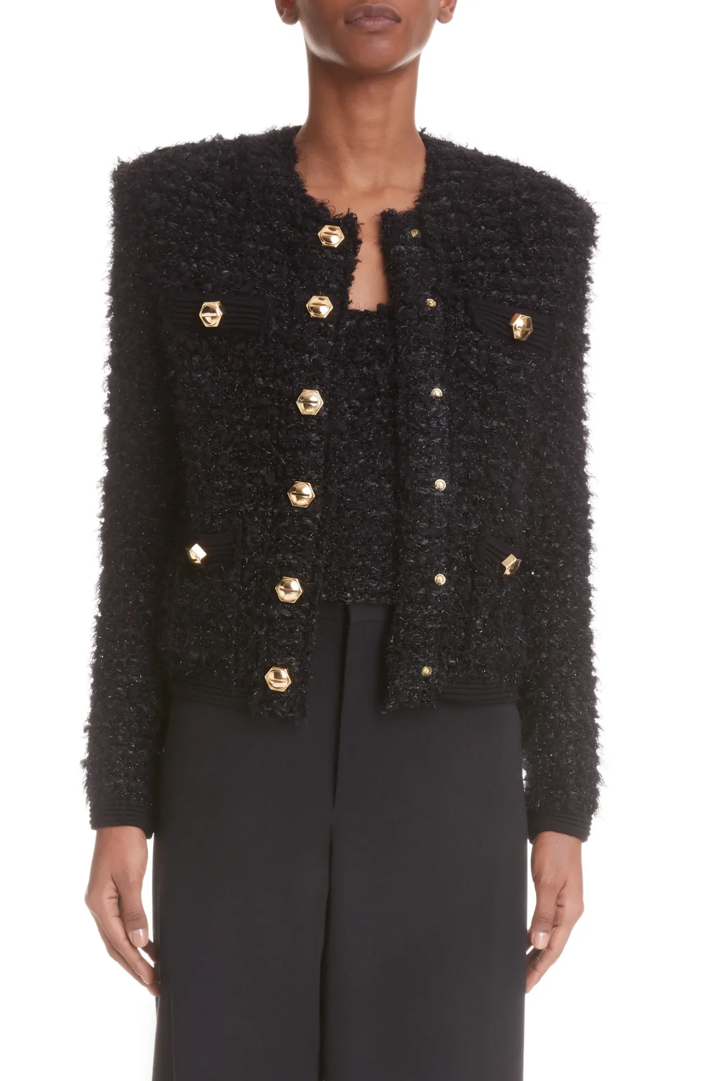 Balmain Ribbed Tweed Jacket Black tweed jackets