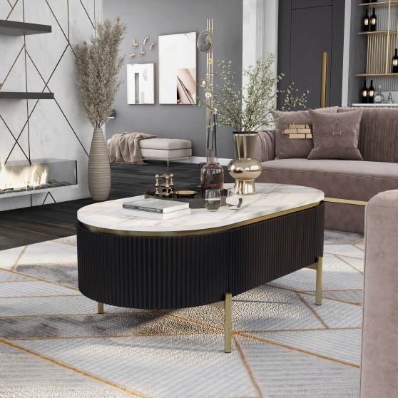Everly Quinn Braydee 47.75 Width 1-Drawer Oval Coffee Table Black Faux marble top best storage coffee tables