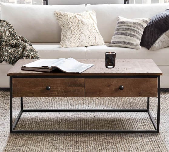 Pottery Barn Sanford Rectangular Coffee Table Cobble Brown Finish best storage coffee tables