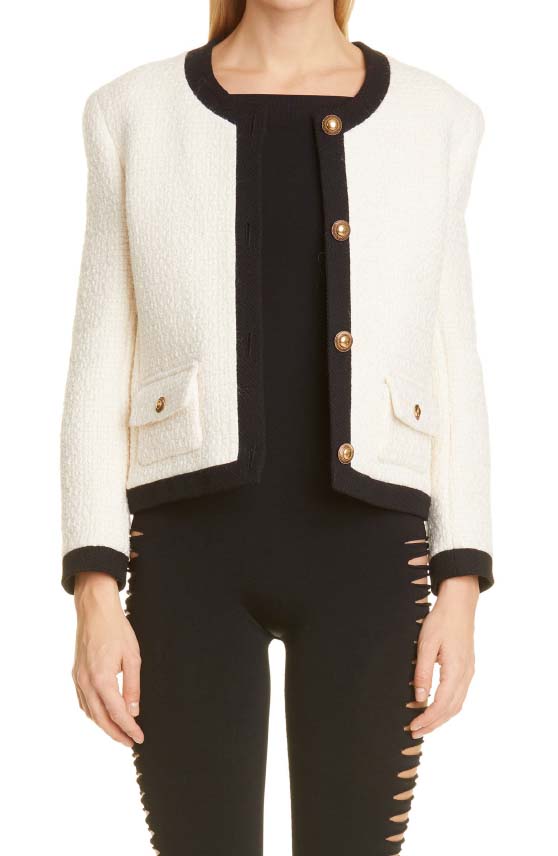 Saint Laurent Contrast Trim Wool Tweed Jacket Ivoire ivory tweed jackets