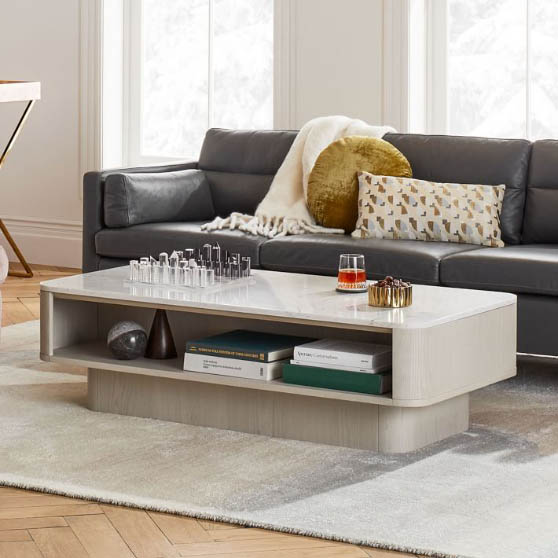 West Elm Panorama Coffee Table 56" Feather Finish rectangular storage coffee tables with marble