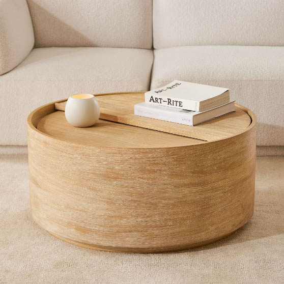 West Elm Volume Round Storage Coffee Table Washed Oak best storage coffee tables