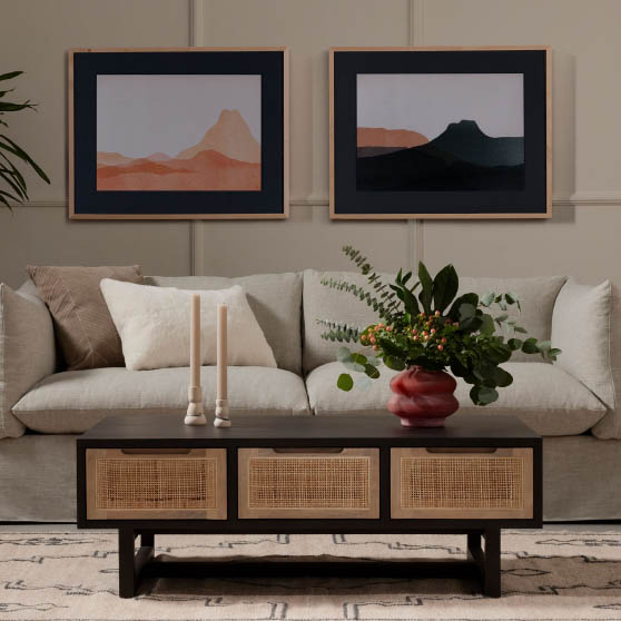I have been searching high and low for the perfect modern cane coffee table, and excited to share that I finally found one this is beautiful and durable too! The extremely popular West Elm Yvette Woven Rectangle Coffee Table is perfection. I love the black wood frame, the three contrasting neutral white washed drawers and beautiful woven cane panels. It is a modern design lover’s dream! It also comes in the color white wash and is just as fab and perfect for the coastal abode.
West Elm Yvette Woven Rectangle Coffee Table Black 46 best storage coffee tables