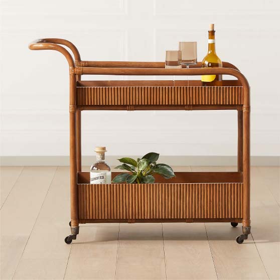 CB2 Feliz Rattan Bar Cart best rattan bar carts vintage inspired