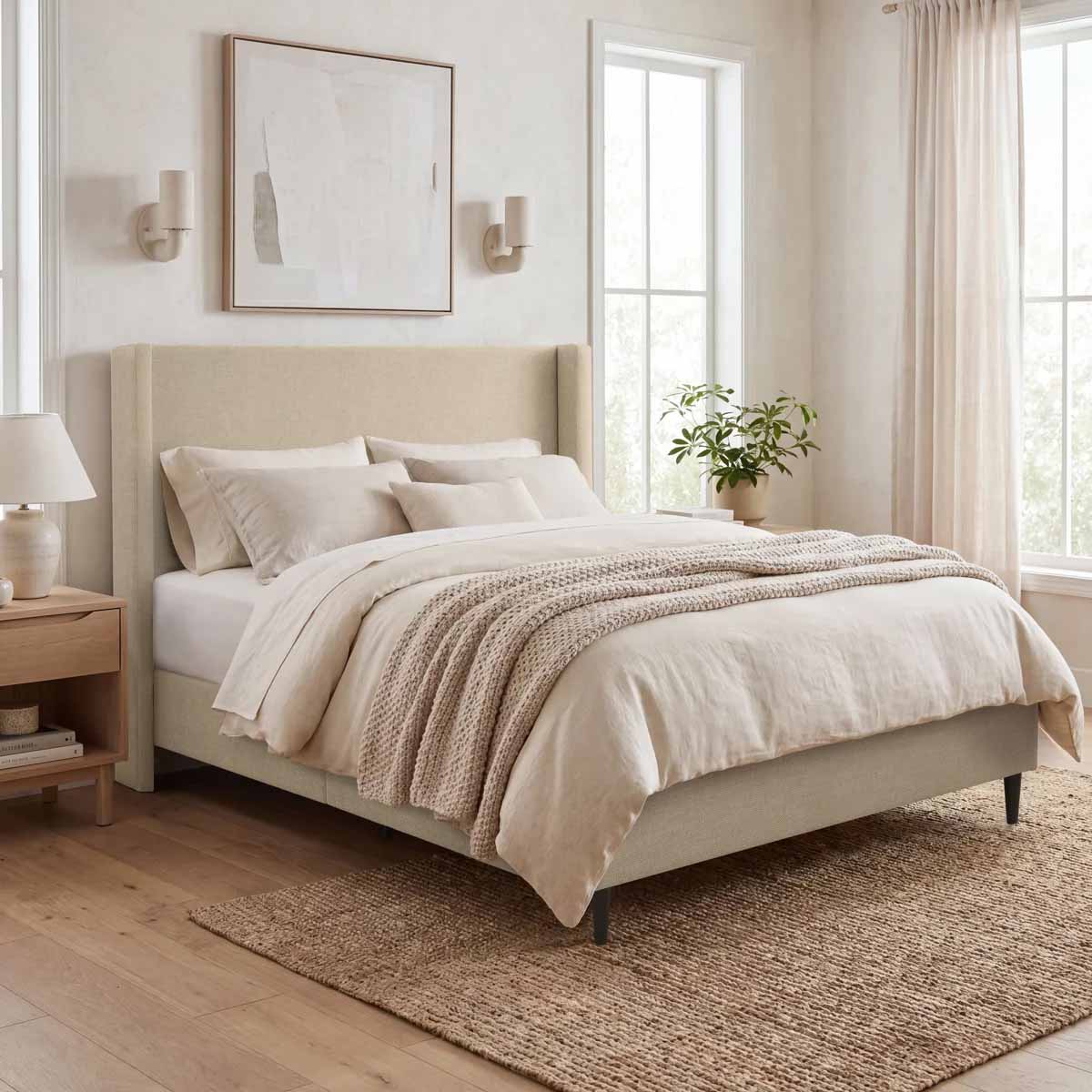 Ophelia & Co. Ana Upholstered Wingback Platform Bed Beige Canvas best upholstered wingback beds