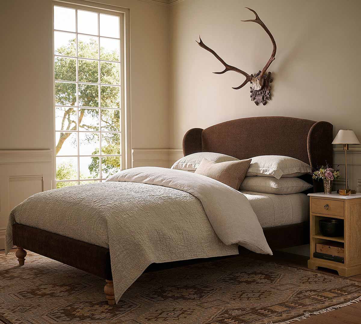 Pottery Barn Augusta Upholstered Platform Bed Basketweave Slub Ivory with Seadrift Legs upholstered wingback beds best