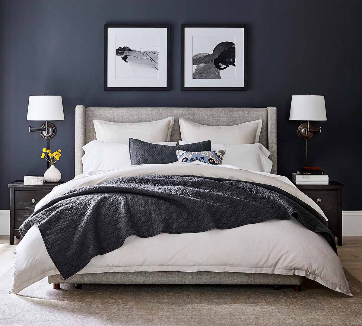 Pottery Barn Elliot Shelter Upholstered Bed Basketweave Slub Ash, Low best upholstered wingback beds