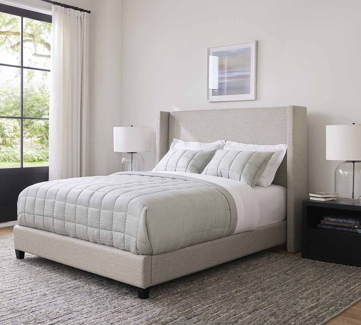 Pottery Barn Elliot Shelter Upholstered Bed Basketweave Slub Ash Tall best upholstered wingback beds