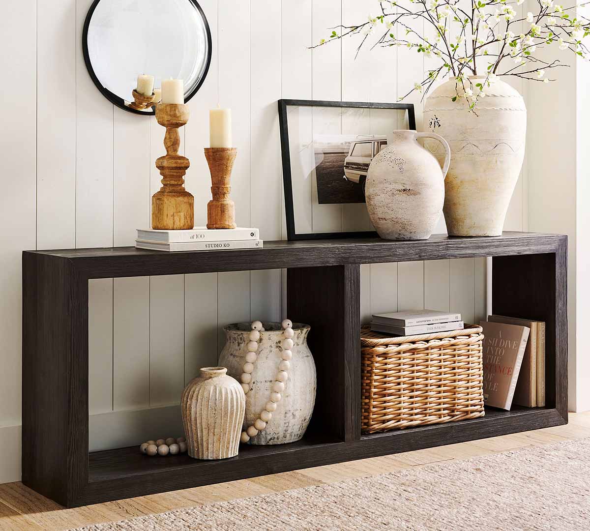 Pottery Barn Folsom Grand Console Table (84") Charcoal best black console tables