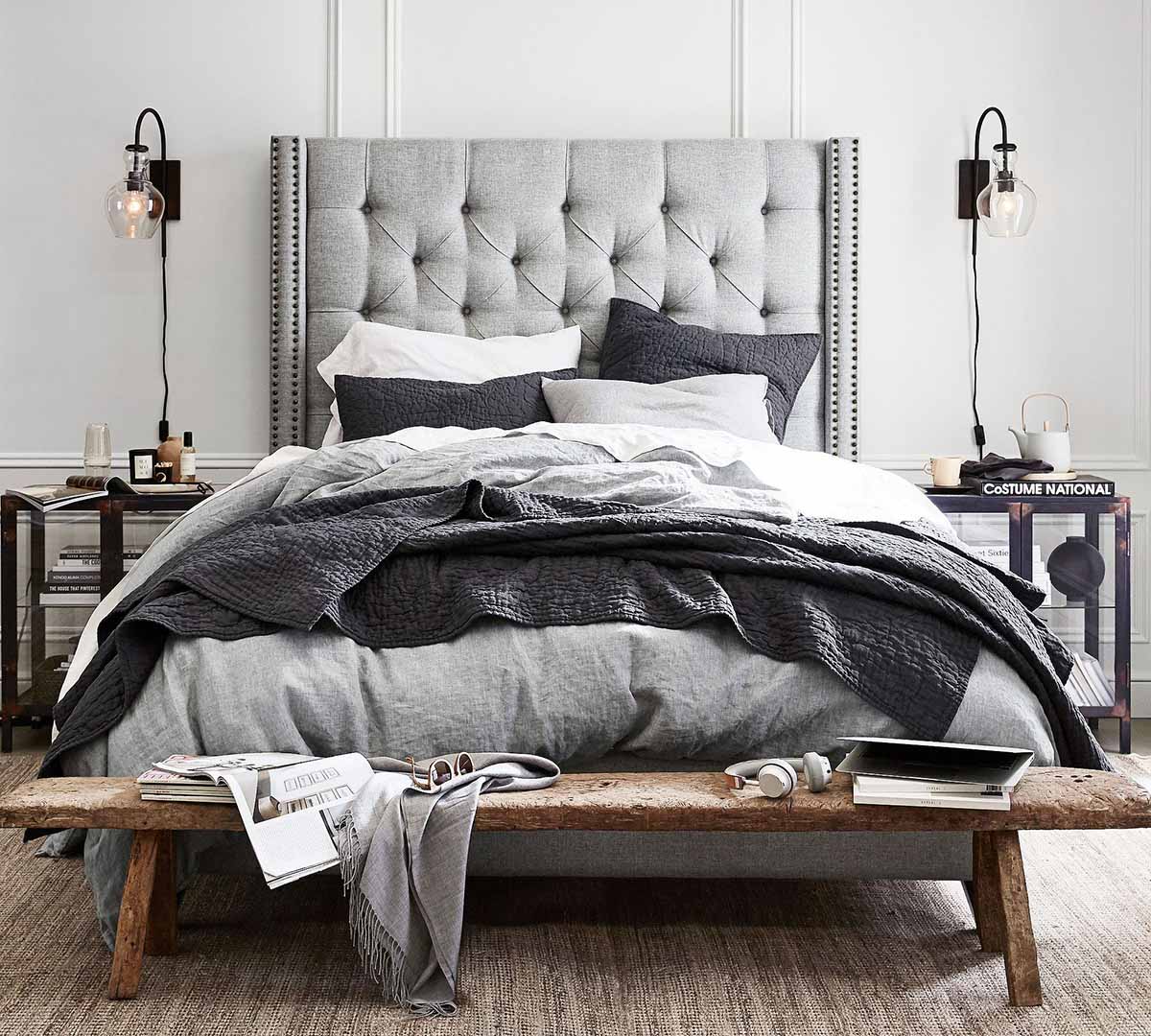 Pottery Barn Harper Tufted Upholstered Bed Basketweave Slub, Ash with Bronze Nailheads upholstered wingback beds best