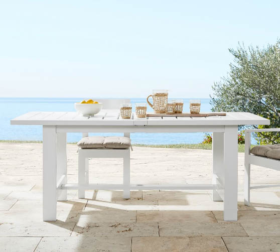 Pottery Barn Malibu 76" Metal Extending Rectangular Dining Table, White outdoor metal dining tables