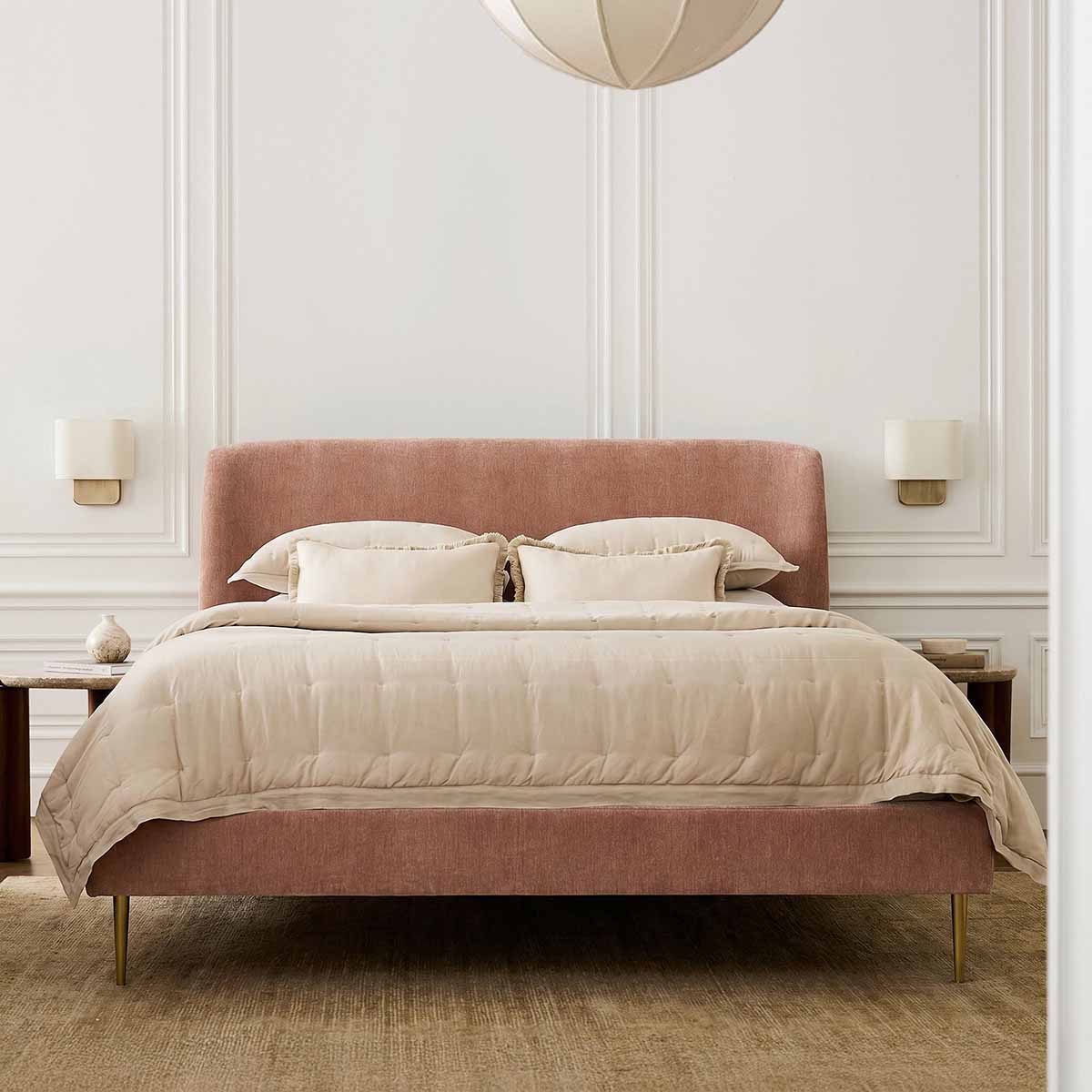 West Elm Lana Upholstered Bed Modern Chenille Rosewood pink upholstered wingback beds best
