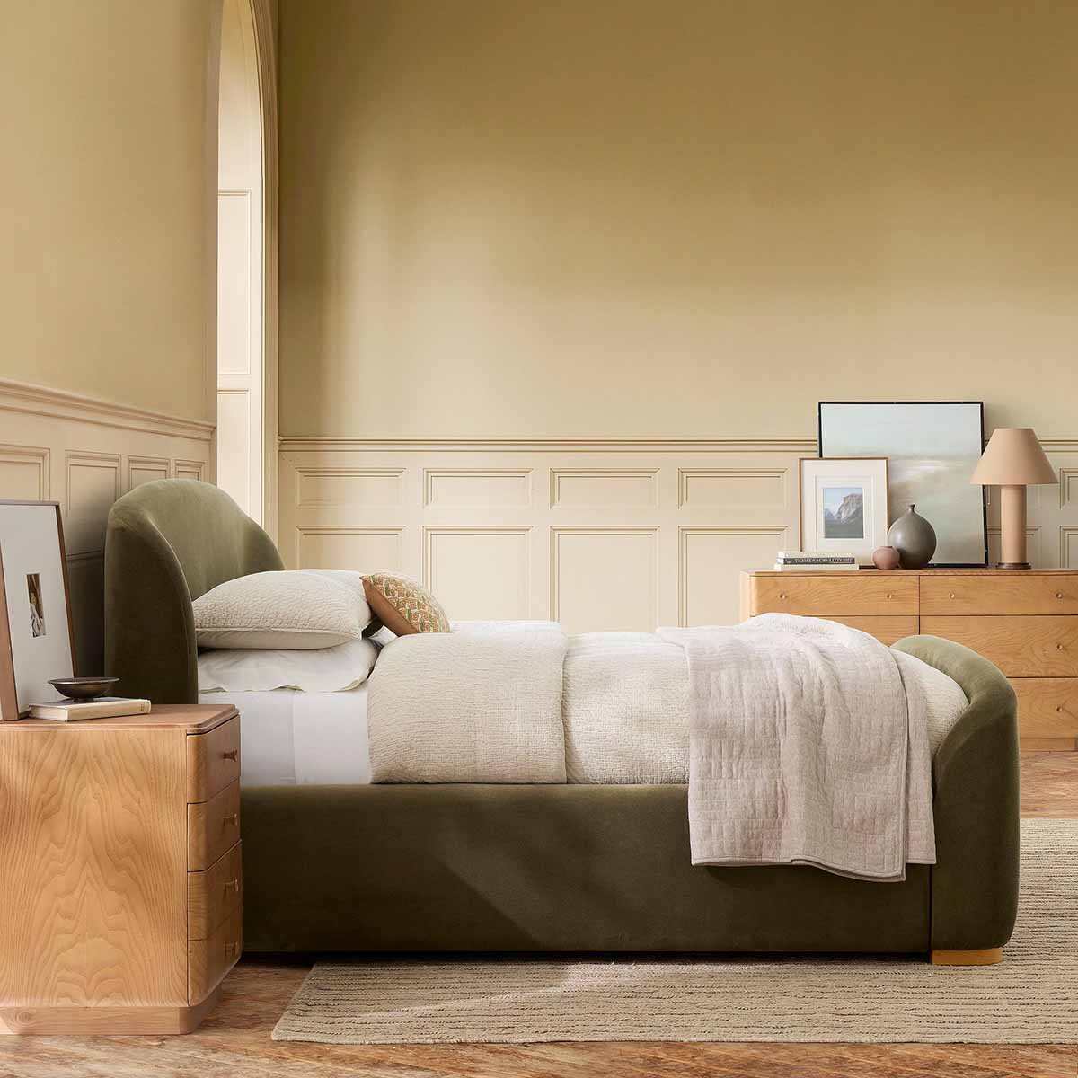 West Elm Pierce & Ward Upholstered Sleigh Bed Deluxe Velvet, Juniper best upholstered wingback beds