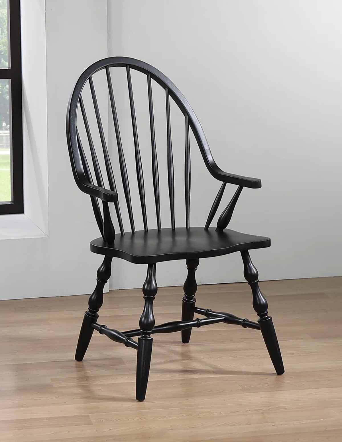 Alcott Hill Furtado 24 Wide Solid Oak Wood Armchair with Sculpted Arms Antique Black best windsor dining chairs