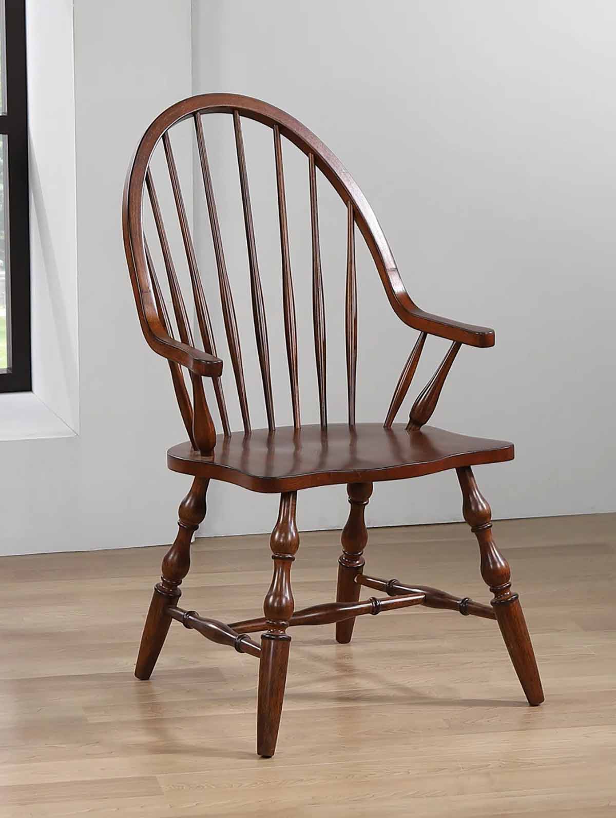Alcott Hill Furtado 24 Wide Solid Oak Wood Armchair with Sculpted Arms Distressed Chestnut Brown best windsor dining chairs