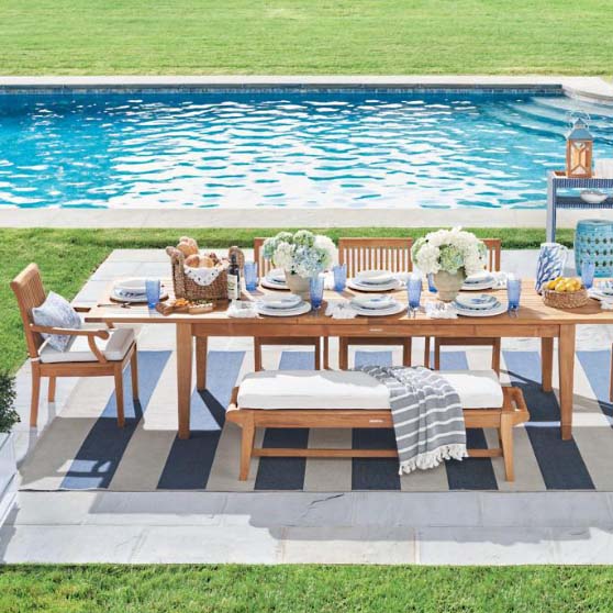 Frontgate Resort Stripe Indoor/Outdoor Rug Cobalt Champagne best blue outdoor rugs