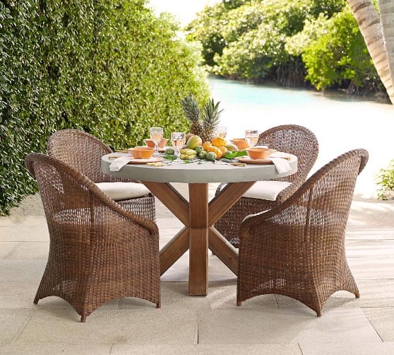 Pottery Barn Abbott Indoor/Outdoor 48" Concrete & FSC® Acacia Round Dining Table Brown best brown concrete dining tables