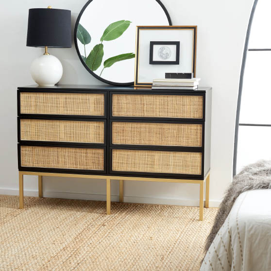 Sand & Stable Prudhoe 6 Drawer 54'' W Double Dresser Black Natural best cane dressers