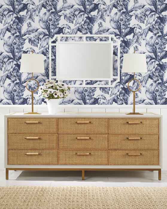Serena and Lily Bar Island Dresser wide cane dressers bedroom furniture brass white