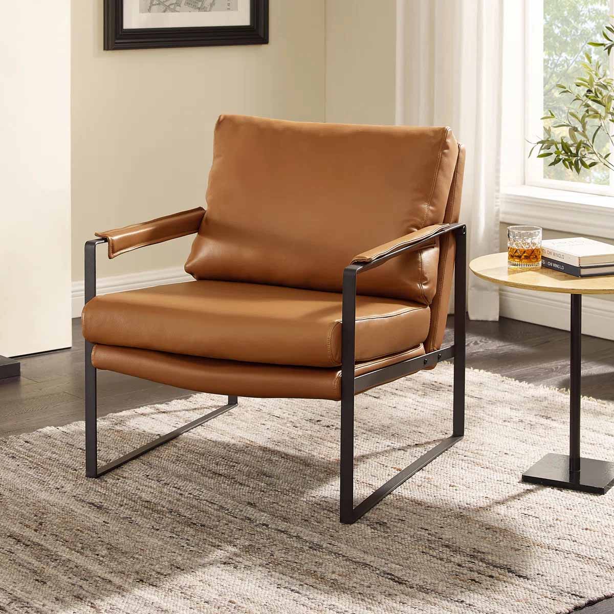 17 Stories Mirsade 27.09'' W Leather Upholstered Accent Armchair Brown Genuine Leather modern leather armchairs