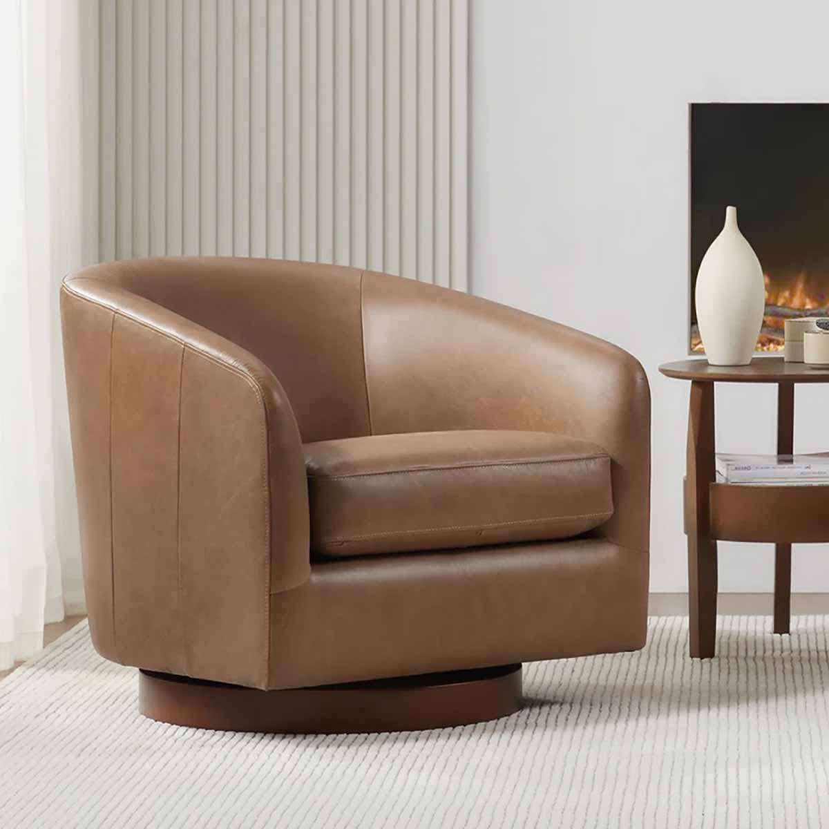 AllModern Bennett Genuine Leather Swivel Barrel Chair Marseille Camel Top Grain Leather modern leather armchairs living room