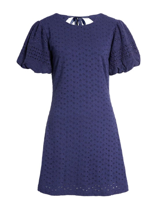 Apricot Rose Puff Sleeve Eyelet Dress Living Indigo Blue puff sleeve mini dresses