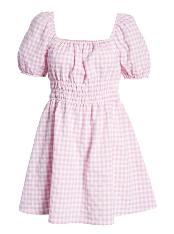 BP. Shirred Gingham Print Puff Sleeve Prairie Dress Pink Tulip Picnic Gingham best puff sleeve mini dresses