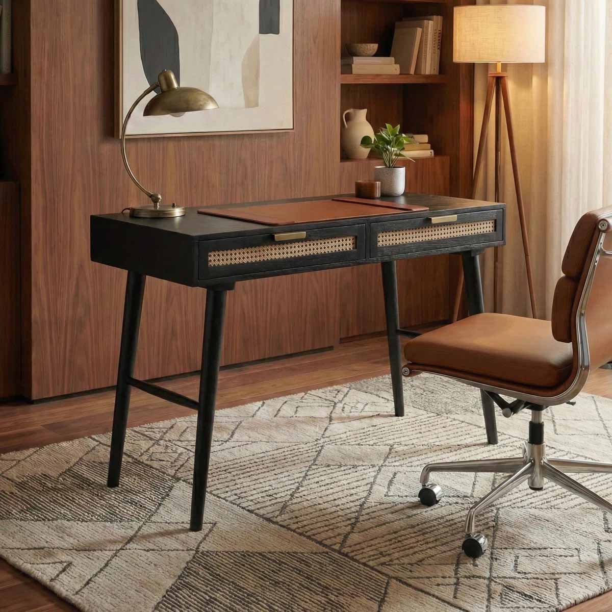 Casartis Living Sedona Cane 45 Semi-Assembled Writing Desk with USB & AC Outlets, Black best cane desks
