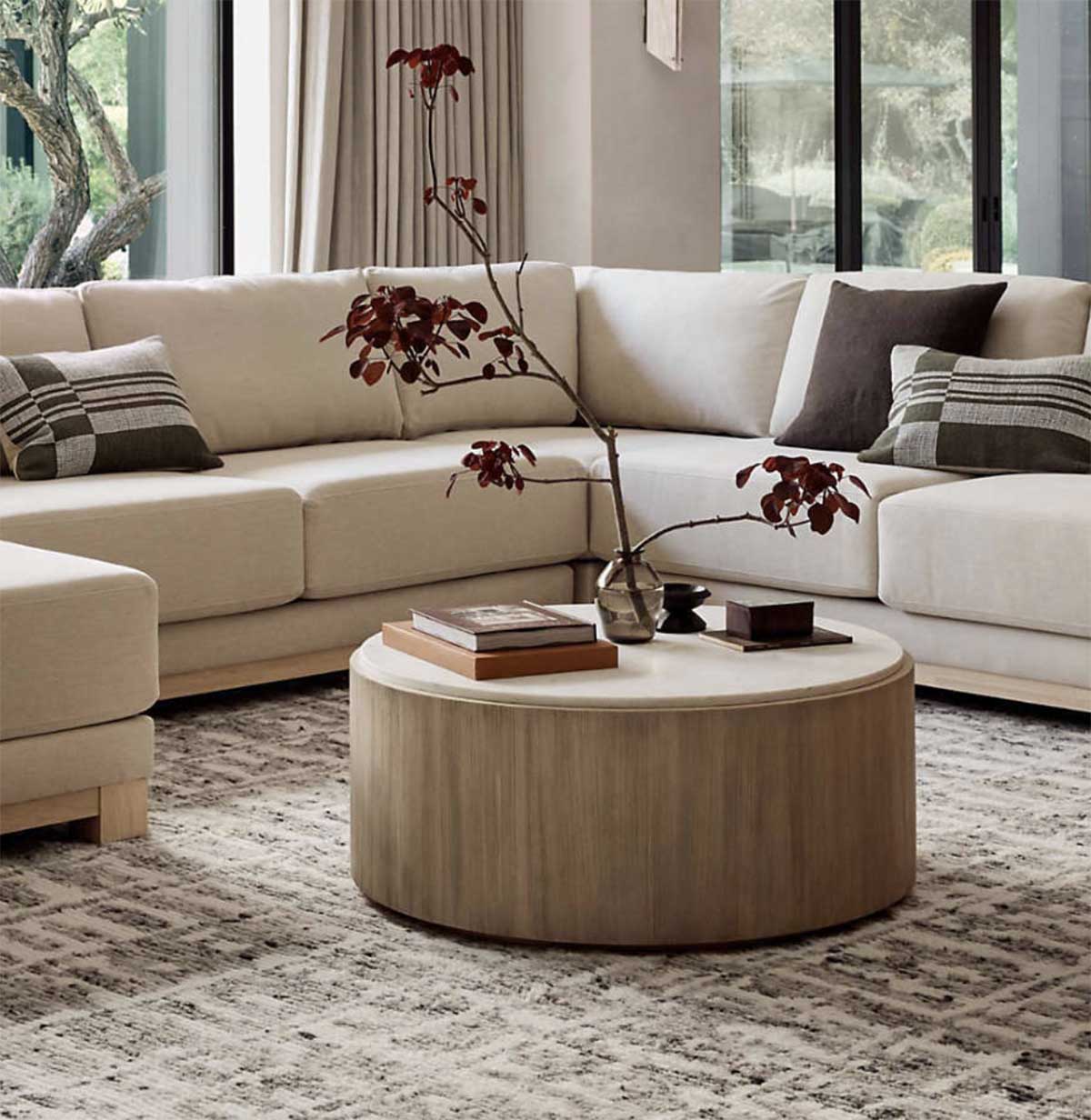 Crate and Barrel Troupe Marble and Natural Pine Wood 36" Round Coffee Table PIne best drum coffee tables