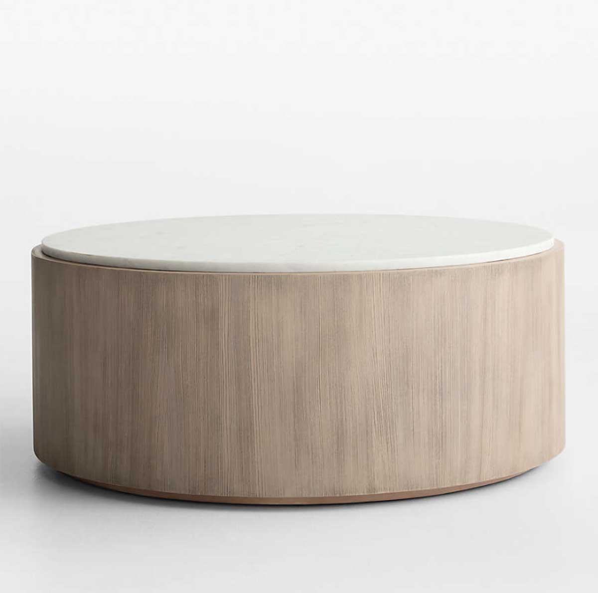 Crate and Barrel Troupe Marble and Natural Pine Wood 36" Round Coffee Table PIne best drum coffee tables