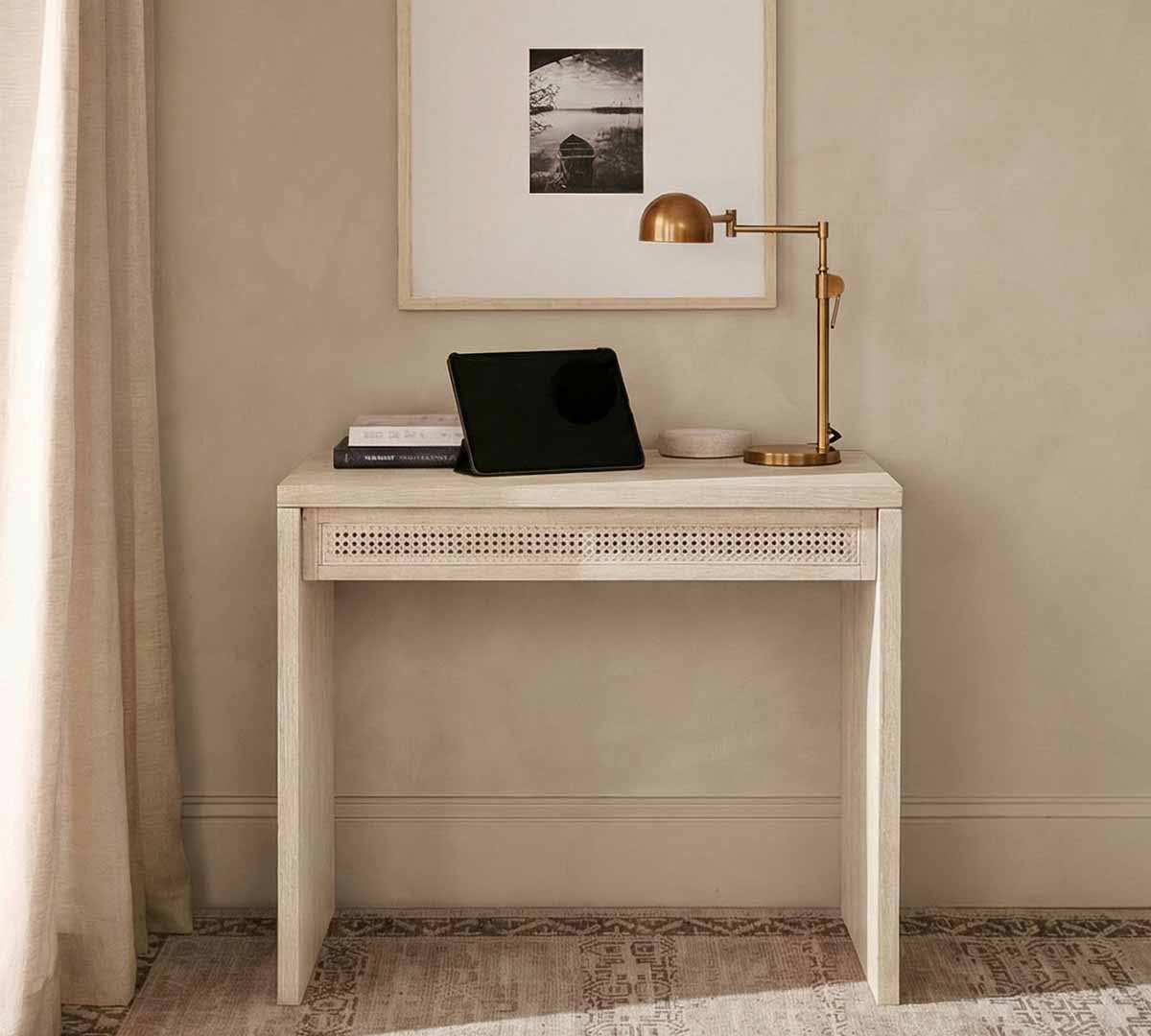 Pottery Barn Marina Cane Mini Writing Desk (36) White Sand best cane desks