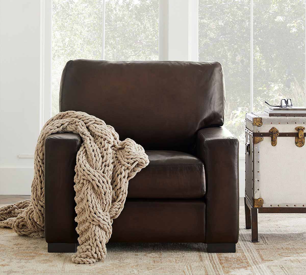 Pottery Barn Turner Square Arm Leather Chair modern leather armchairs living room