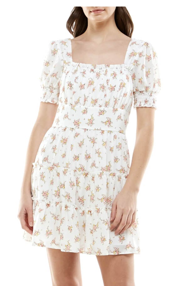 Row A Emma Smocked Puff Sleeve Tiered Hem Dress White Multi best floral print puff sleeve mini dresses