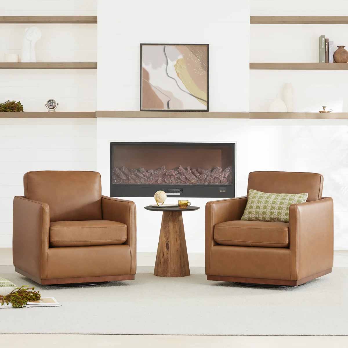Wade Logan Benten Upholstered Swivel Armchair (Set of 2) Brown Genuine Leather modern leather armchairs
