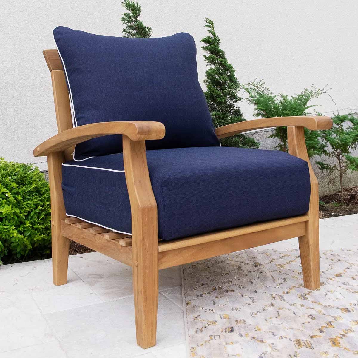 Birch Lane Summerton Teak Patio Chair with Cushions Navy with White Piping best outdoor teak chairs blue