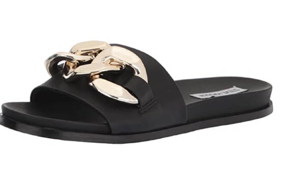 Steve Madden Women's Delay Slide Sandal Black gold chain slide sandals