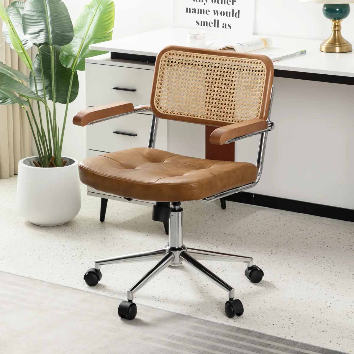 Dakota Fields Carli Rattan Leather Office Chair Brown best cane desk chairs 