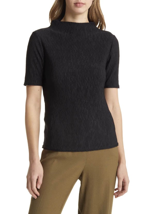 Halogen Plissé Smocked Funnel Neck Top Black best smocked tops nordstrom anniversary sale