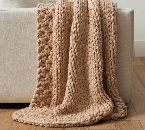 Pottery Barn Ellsworth Chunky Border Throw Warm Oatmeal best chunky knit throw blankets