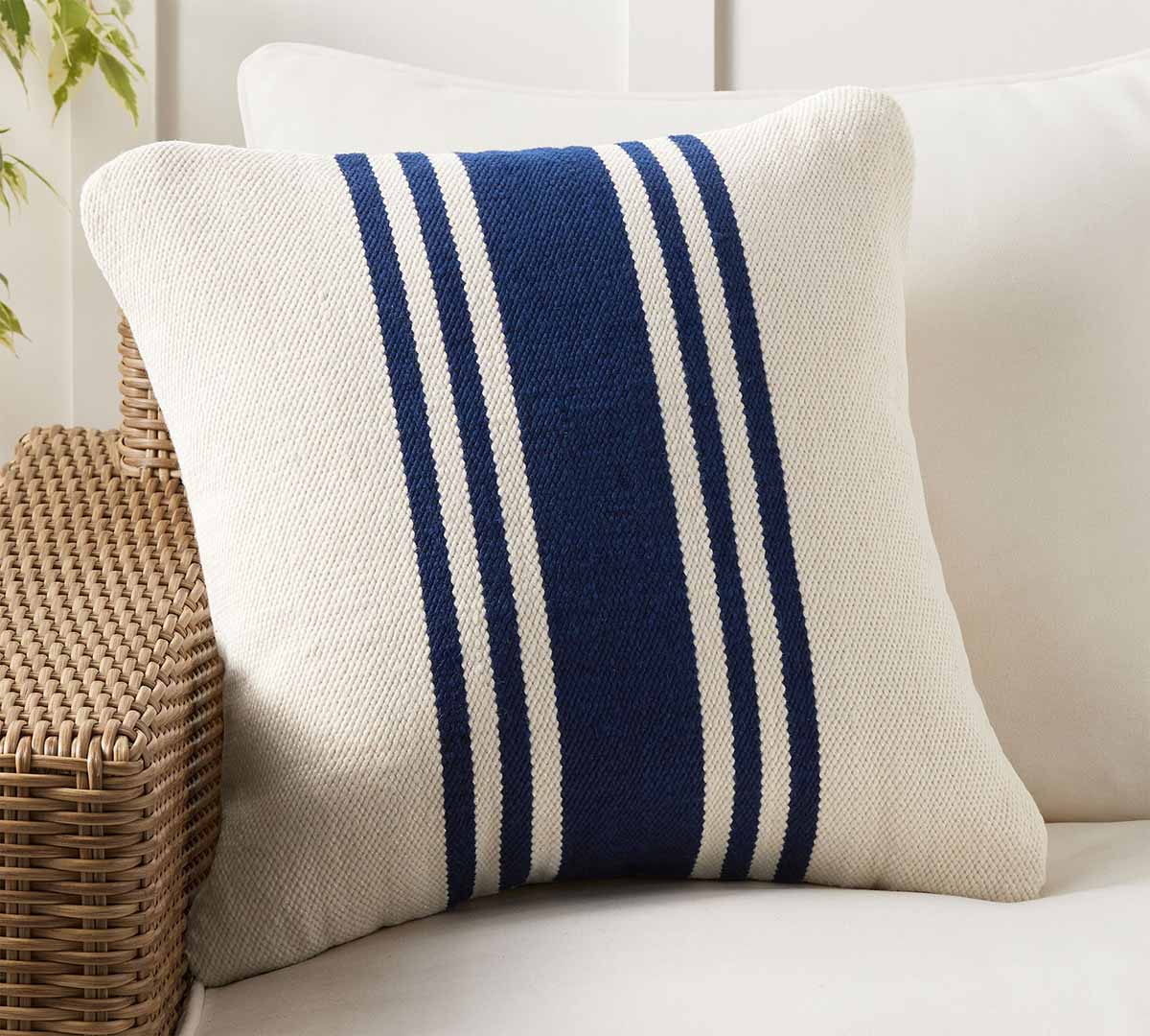 Pottery Barn Modern Farmhouse Striped Outdoor Pillow best outdoor blue throw pillows