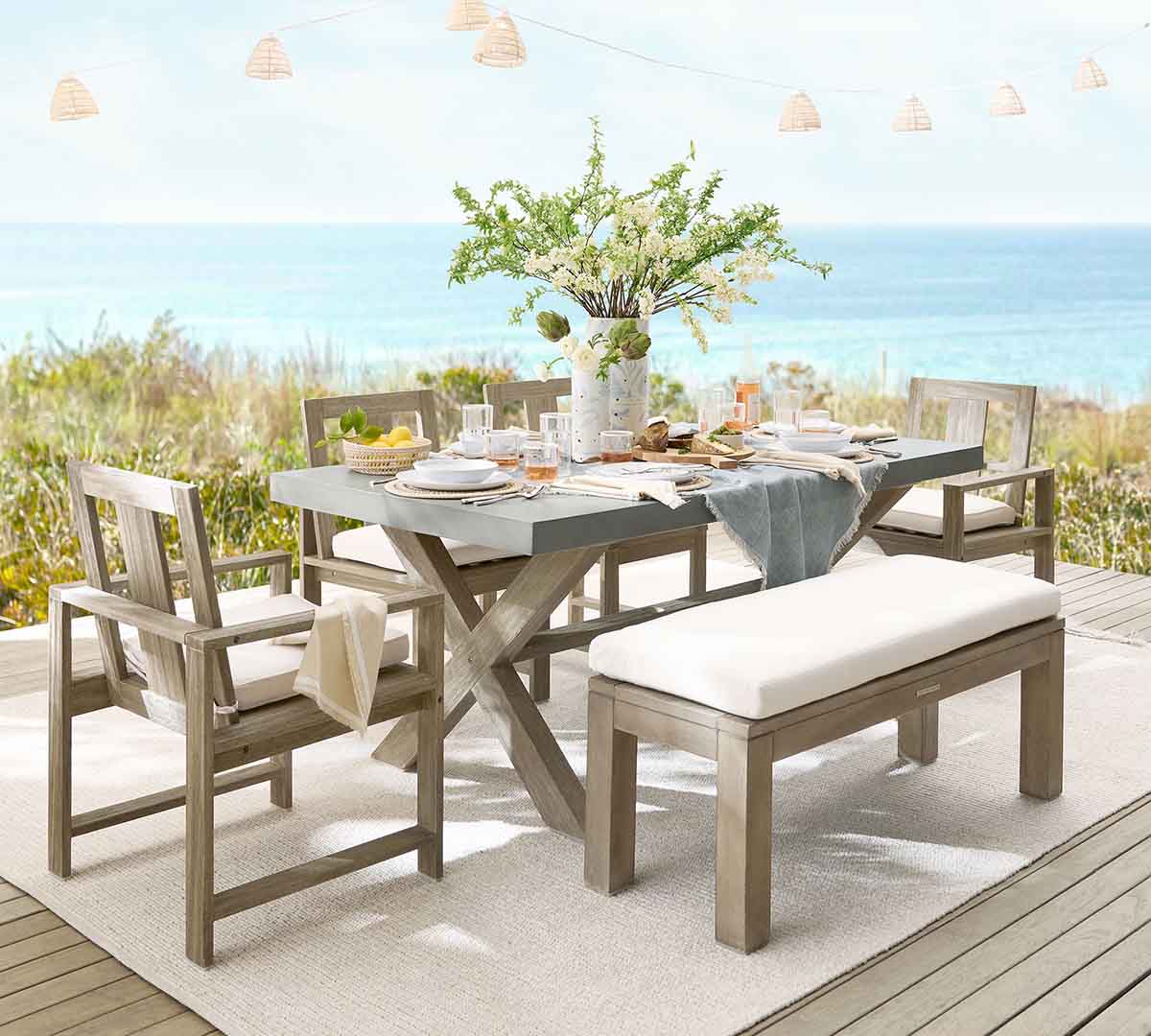 Pottery Barn Outdoor Performance Rug Heathered Parchment best neutral outdoor rugs entertaining